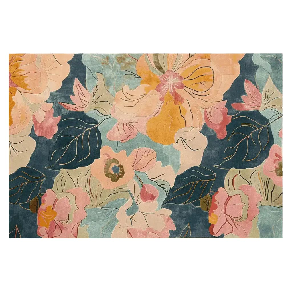 Beautiful Dance of Petals Hand Tufted Area Rug showcasing a vibrant floral design with hues of pink, peach, and green, perfect for adding a touch of elegance to your living room. This large wool rug is ideal for those seeking stylish rugs for living room decor.