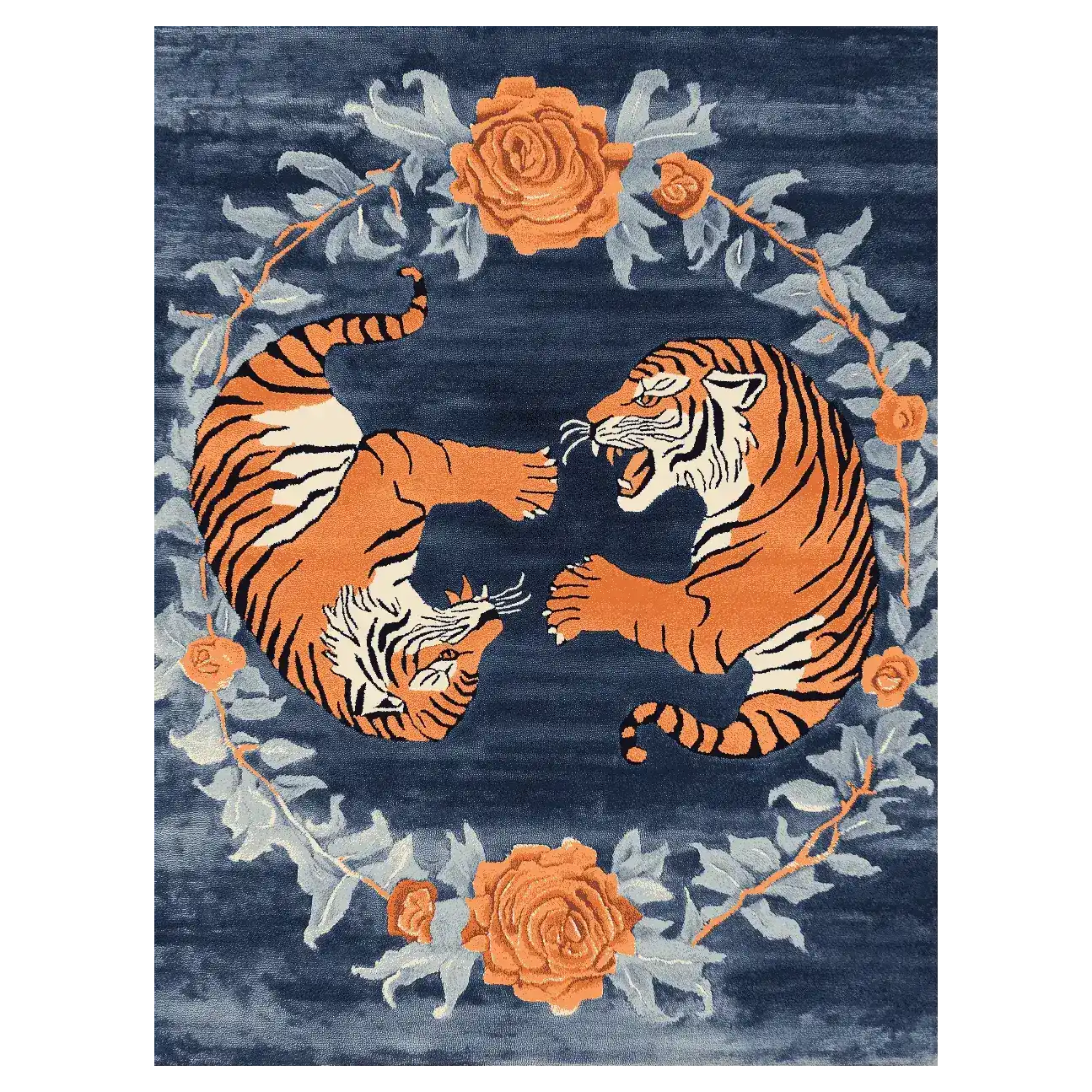 The 'Dance of the Wild Hand Tufted Rug' features an abstract design with two vibrant orange tigers encircled by intricate floral patterns on a deep blue background. Perfect as an area rug, it brings a touch of vintage charm to large living rooms, ideally sized at 8x10 feet. This wool rug combines elements of a floral rug with the boldness of a vintage rug, offering a unique centerpiece for your home decor.
