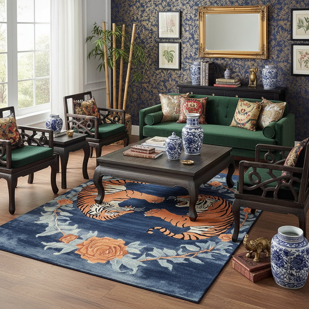 Living room with a blue rug featuring tiger design, green sofa, a tiger hand-tufted wool rug, and wooden chairs.