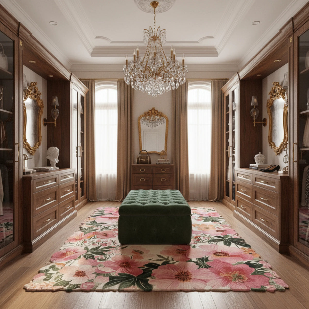 Luxurious bedroom with wooden wardrobes, floral rug, and chandelier.