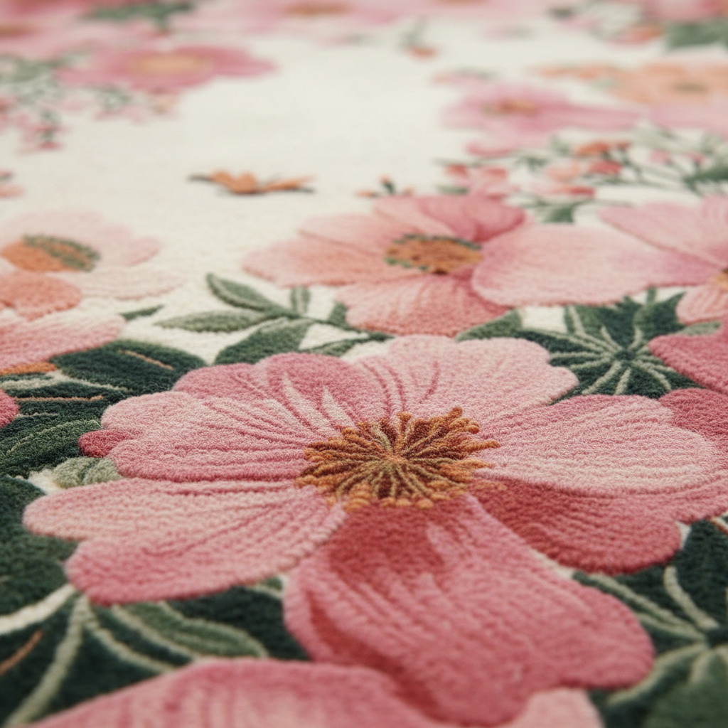 Close-up of a floral pattern with pink flowers and green leaves.