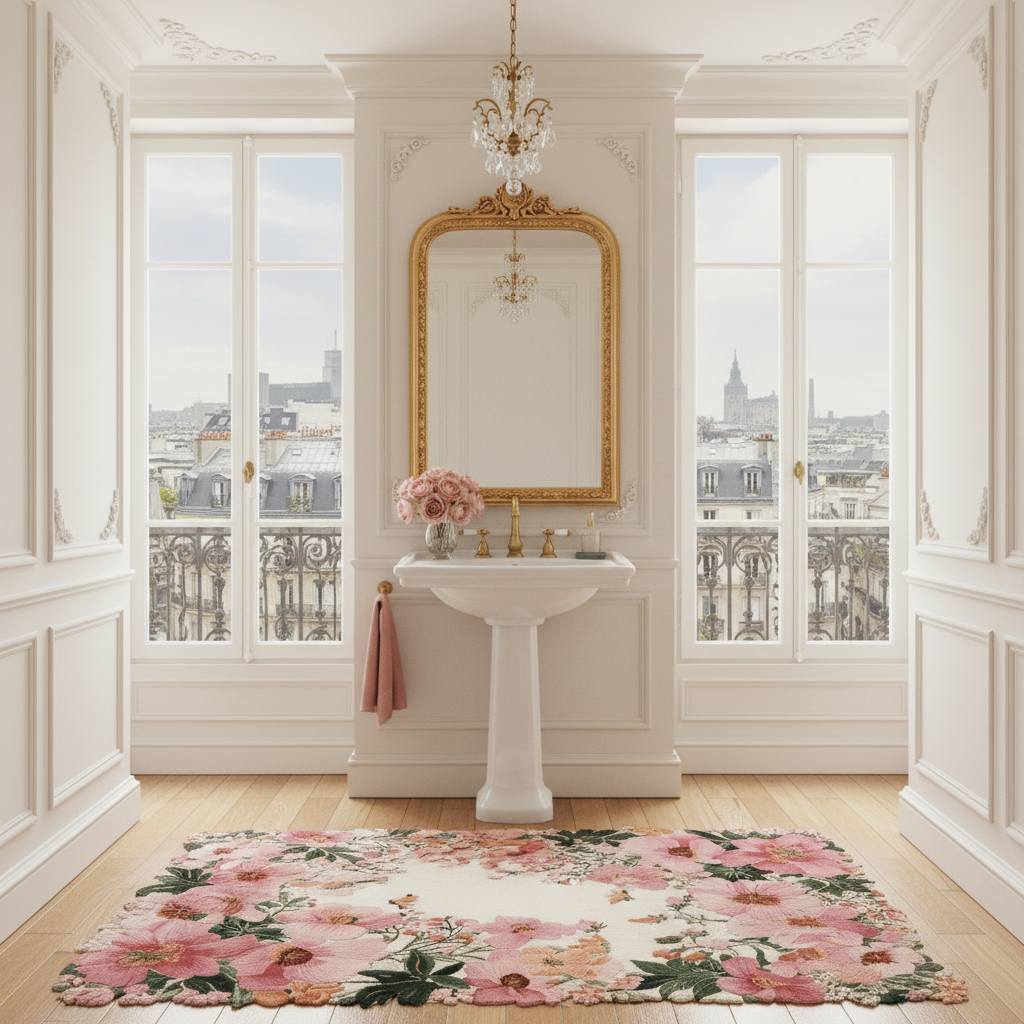 Bathroom with a pedestal sink, floral rug, and large windows.