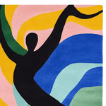 Top view of a Dancing Shadow Hand Tufted Area Rug featuring an abstract design with vibrant colors including black, yellow, pink, green, and blue. Perfect as a square area rug for a contemporary living room, this large wool rug adds a touch of modern art to any space.