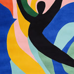 Vibrant hand-tufted area rug featuring an abstract design with bold colors like blue, yellow, green, and black. This contemporary wool square rug is perfect for a large living room, adding a touch of modern art to your space.