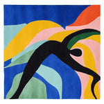 Vibrant area rug featuring an abstract design with bold colors of blue, yellow, pink, and green, perfect for a contemporary living room. This square area rug showcases a unique dancing shadow pattern, ideal for adding a modern touch to large living room spaces. Made from high-quality wool, this hand-tufted rug is a stylish addition to any home decor, fitting well as a wool rug or contemporary rug in living rooms.