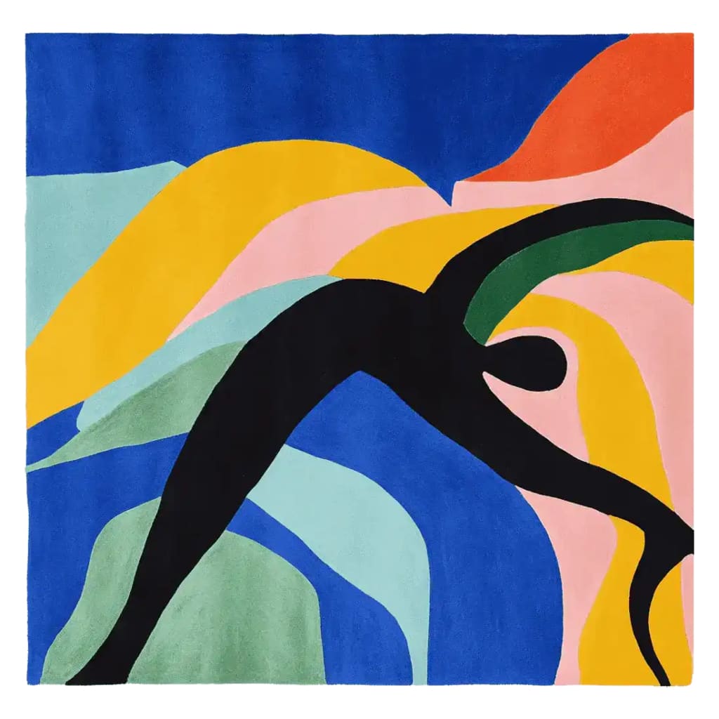 Vibrant area rug featuring an abstract design with bold colors of blue, yellow, pink, and green, perfect for a contemporary living room. This square area rug showcases a unique dancing shadow pattern, ideal for adding a modern touch to large living room spaces. Made from high-quality wool, this hand-tufted rug is a stylish addition to any home decor, fitting well as a wool rug or contemporary rug in living rooms.