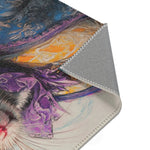 Dapper Whiskers Royal Mouse Accent Rug corner detail 3 — blue brocade jacket, purple cravat, mouse face, grey backing
