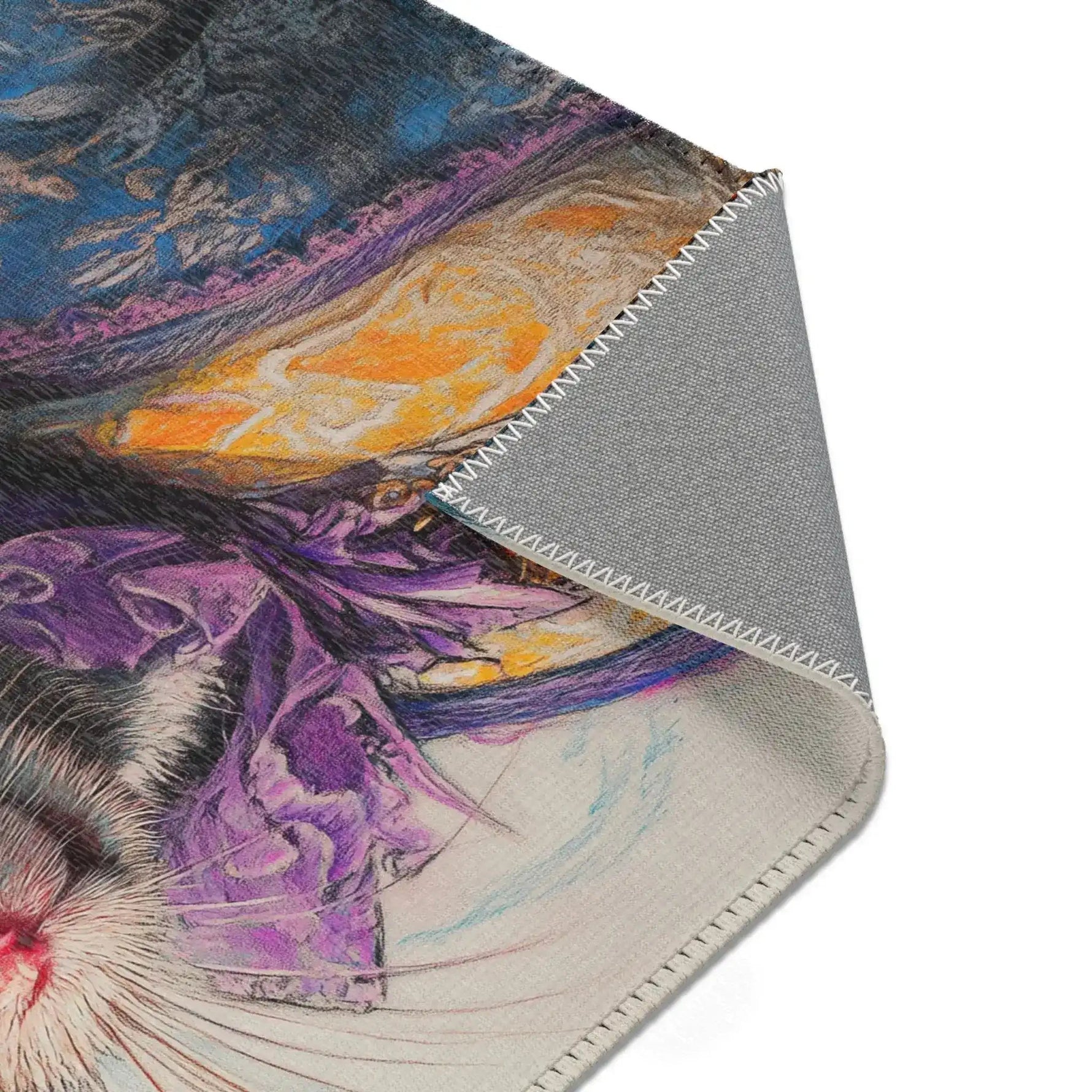 Dapper Whiskers Royal Mouse Accent Rug corner detail 3 — blue brocade jacket, purple cravat, mouse face, grey backing