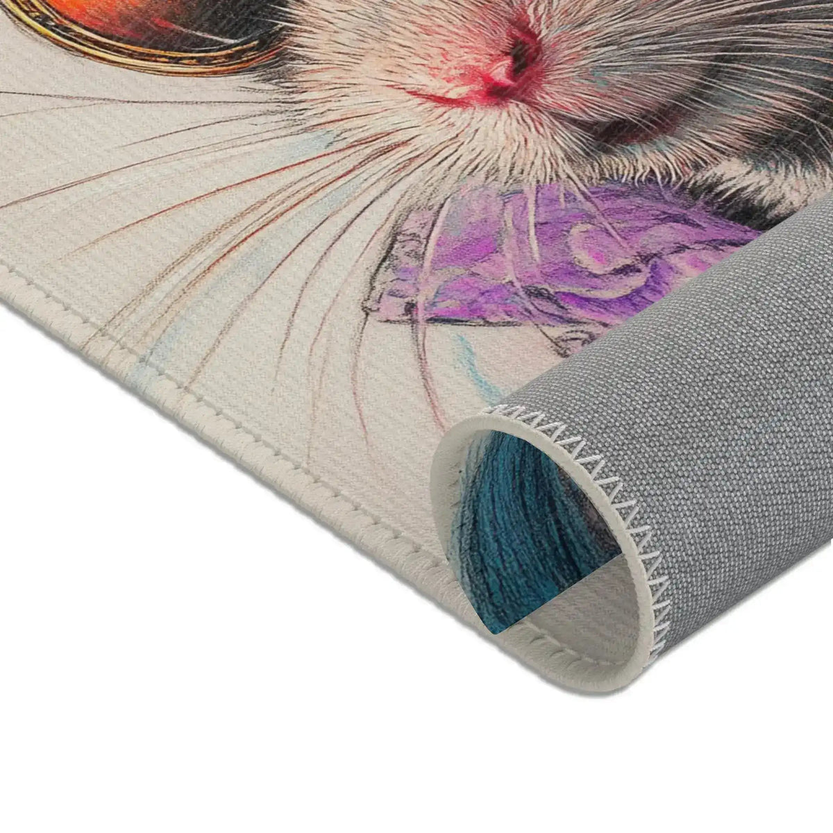 Dapper Whiskers Royal Mouse Accent Rug corner detail 4 — close-up snout whiskers, purple cravat on cream, backing at edge