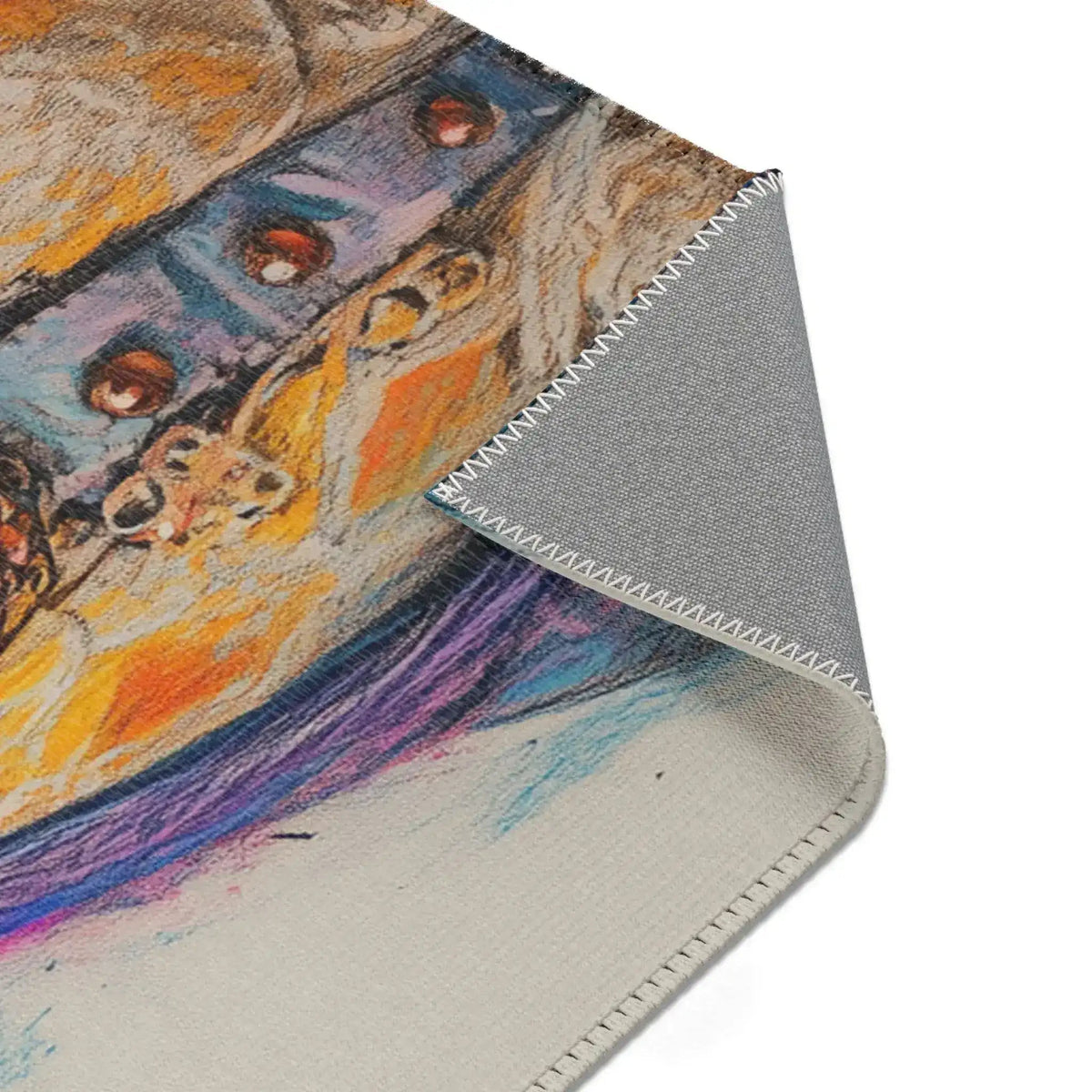 Dapper Whiskers Royal Mouse Accent Rug corner detail 5 — golden vest buttons and blue brocade jacket, grey backing fold