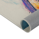 Dapper Whiskers Royal Mouse Accent Rug corner detail 6 — cream off-white ground, purple orange jacket top, grey backing