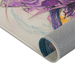 Dapper Whiskers Royal Mouse Accent Rug corner detail — cream mouse face with purple top hat art, grey non-slip backing