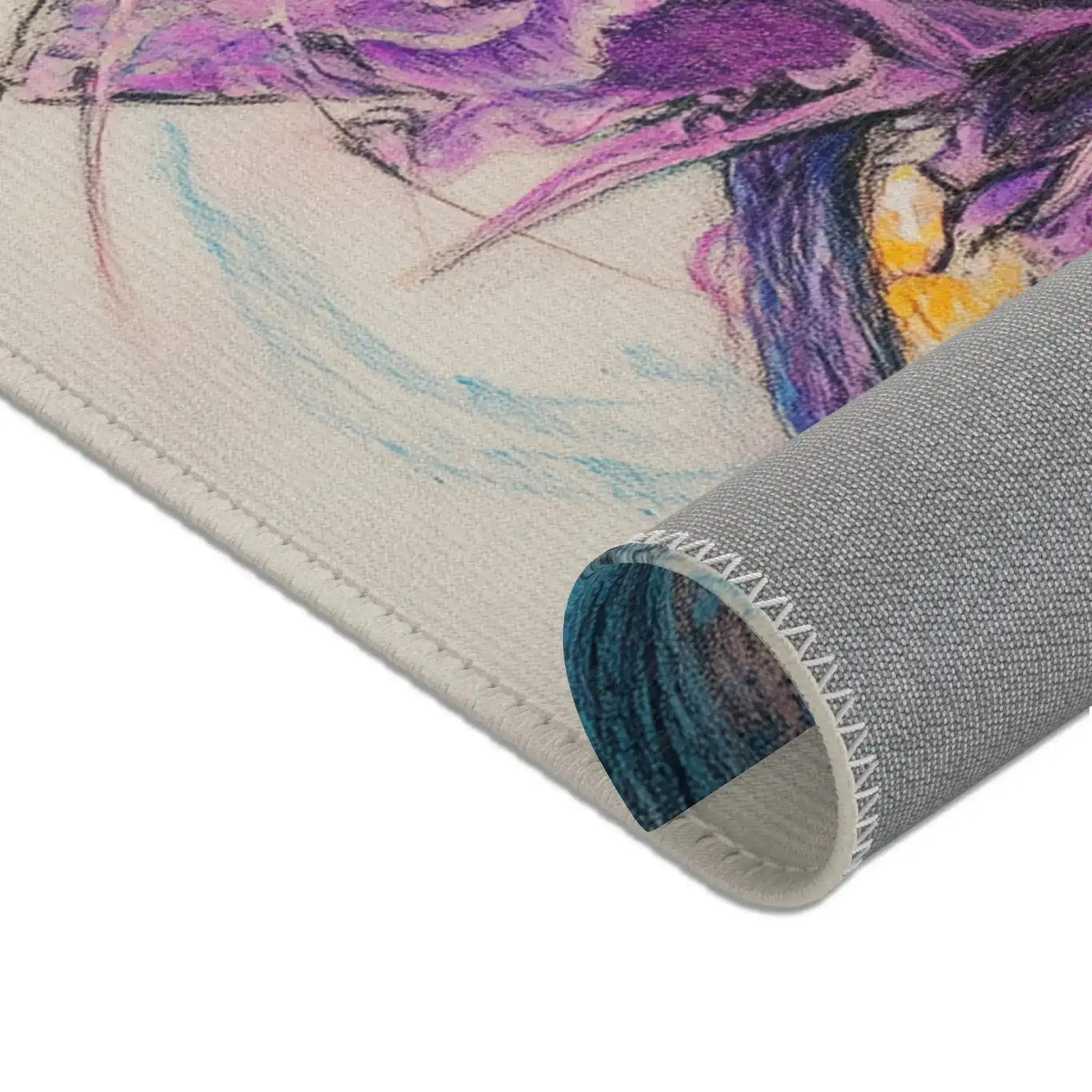 Dapper Whiskers Royal Mouse Accent Rug corner detail — cream mouse face with purple top hat art, grey non-slip backing