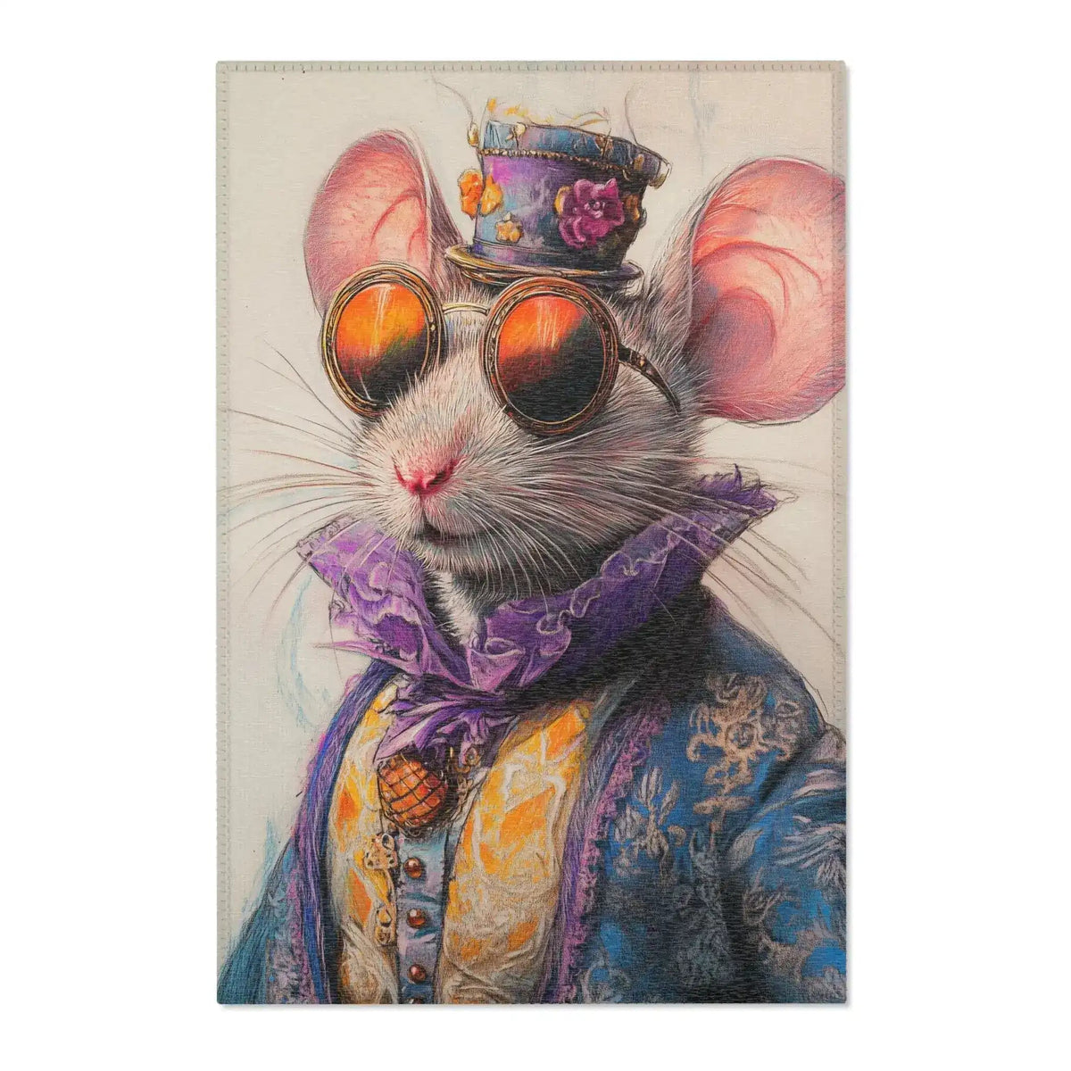 Dapper Whiskers Royal Mouse Accent Rug front 2 — mouse in blue brocade with purple cravat and steampunk goggles, cream ground