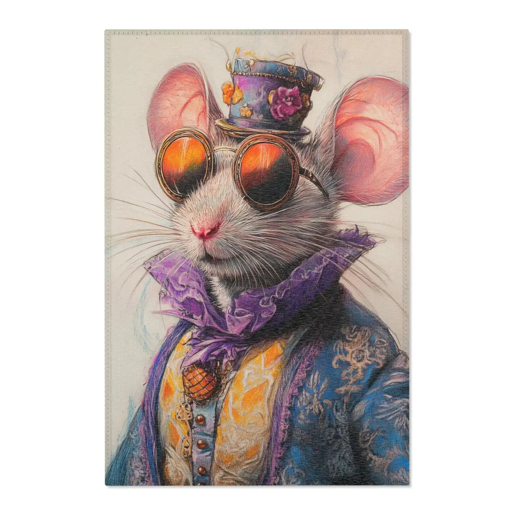 Dapper Whiskers Royal Mouse Accent Rug front 2 — mouse in blue brocade with purple cravat and steampunk goggles, cream ground