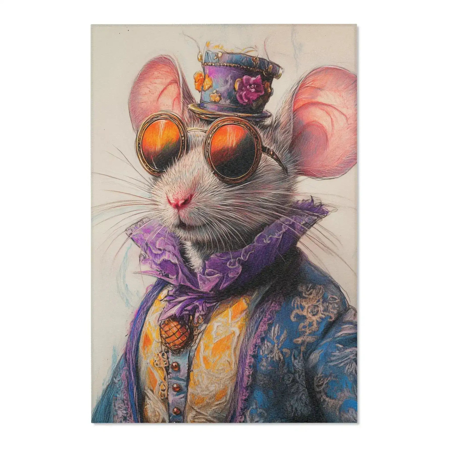 Dapper Whiskers Royal Mouse Accent Rug front 3 — wide-cropped royal mouse in blue brocade, purple cravat, off-white field