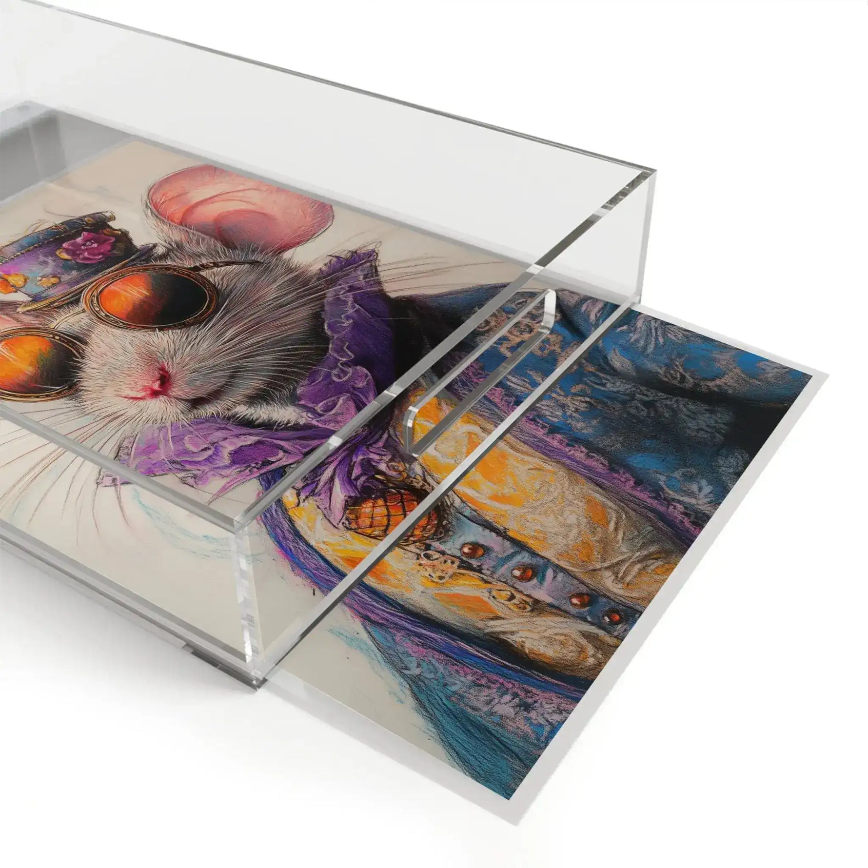 Angled close-up of Dapper Whiskers Royal Mouse serving tray edge, showing mouse face and blue brocade jacket detail through clear acrylic