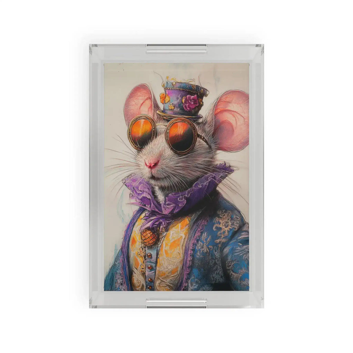 Clear acrylic Dapper Whiskers Royal Mouse serving tray featuring a stylish mouse in blue brocade jacket, purple cravat, mini top hat and orange sunglasses