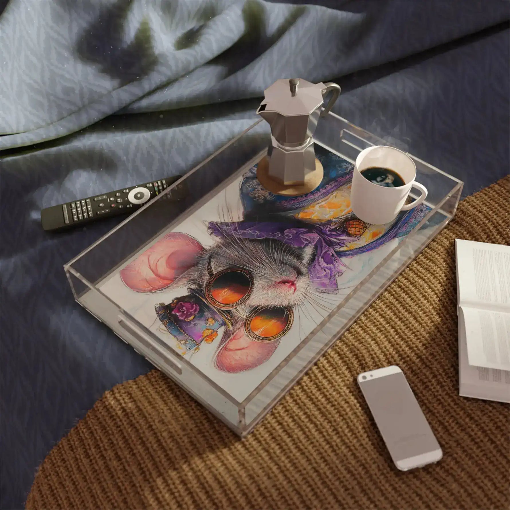 Dapper Whiskers Royal Mouse serving tray in-room lifestyle view, acrylic tray on ottoman with coffee pot and cup on top