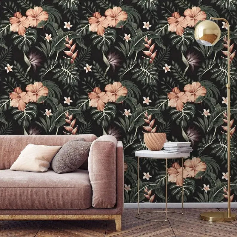 Dark and Blush Tropical Morning Flowers Floral Wallpaper