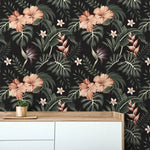 Dark and Blush Tropical Morning Flowers Floral Wallpaper