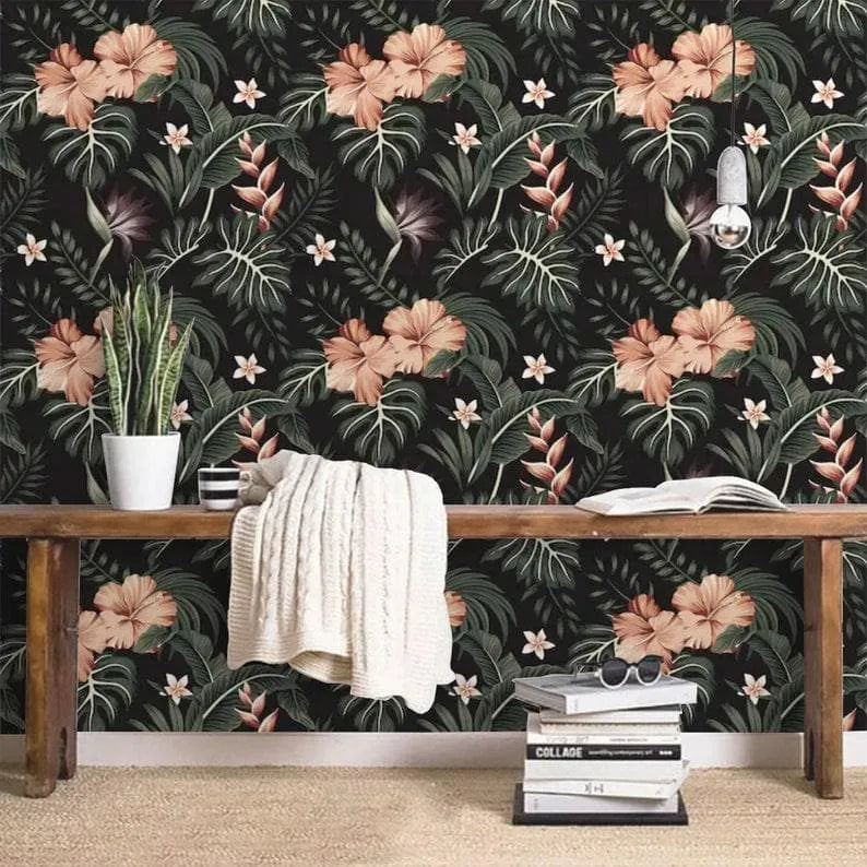 Dark and Blush Tropical Morning Flowers Floral Wallpaper