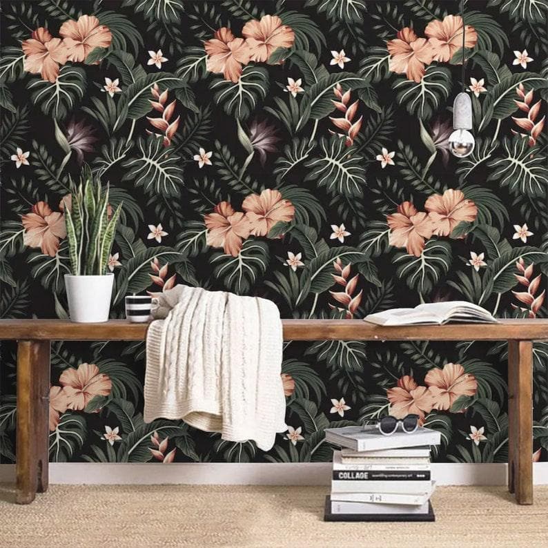 Dark and Blush Tropical Morning Flowers Floral Wallpaper 