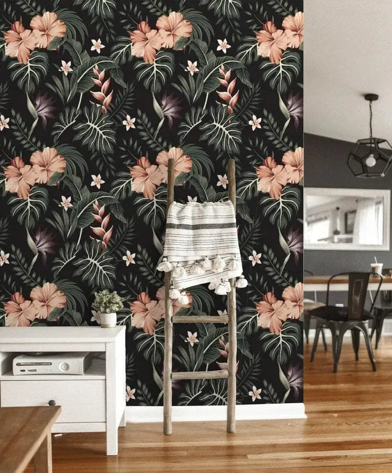 Dark and Blush Tropical Morning Flowers Floral Wallpaper