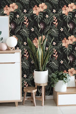 Dark and Blush Tropical Morning Flowers Floral Wallpaper