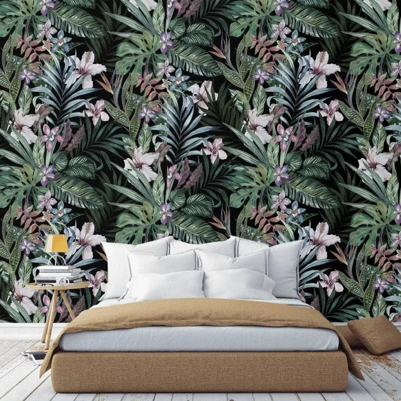 Dark Blossoming Tropical Floral Wallpaper