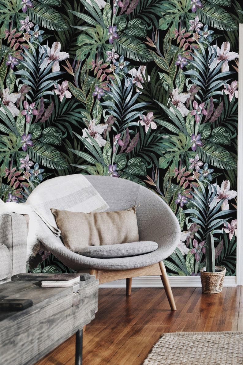 Dark Blossoming Tropical Floral Wallpaper 