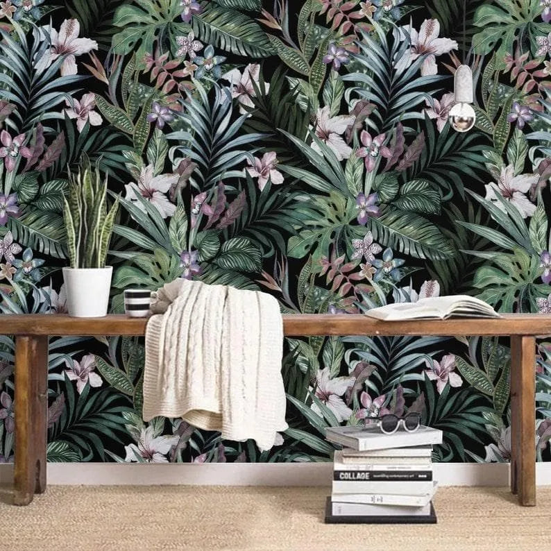 Dark Blossoming Tropical Floral Wallpaper