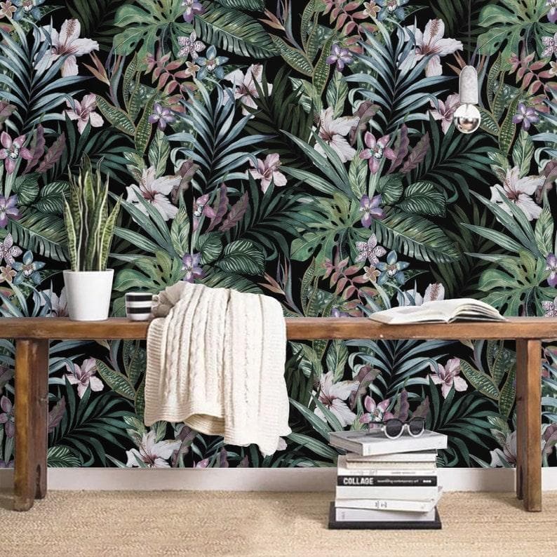 Dark Blossoming Tropical Floral Wallpaper 