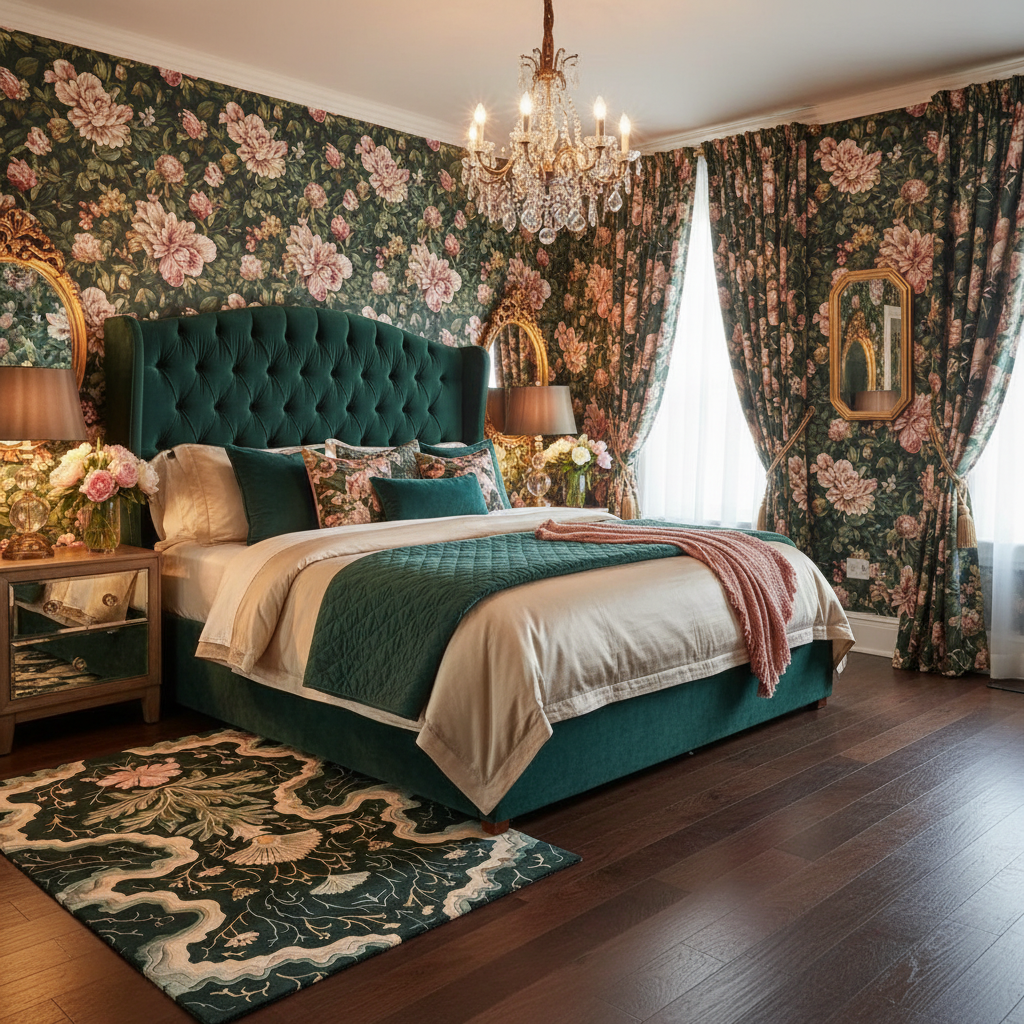 Dark botanical rug on hardwood by an emerald velvet bed in a floral-wallpapered bedroom
