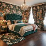 Dark botanical rug on hardwood by an emerald velvet bed in a floral-wallpapered bedroom