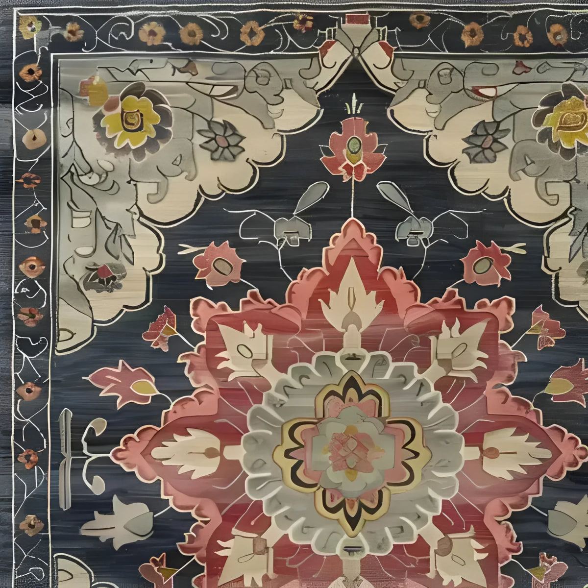 Elegant Dark Floral Harmony medium hand-knotted wool rug showcasing intricate Persian-inspired patterns in rich hues. Perfect for adding a touch of luxury to living rooms or bedrooms, this 8x10 area rug is a timeless choice for those seeking high-quality wool rugs to enhance their decor.