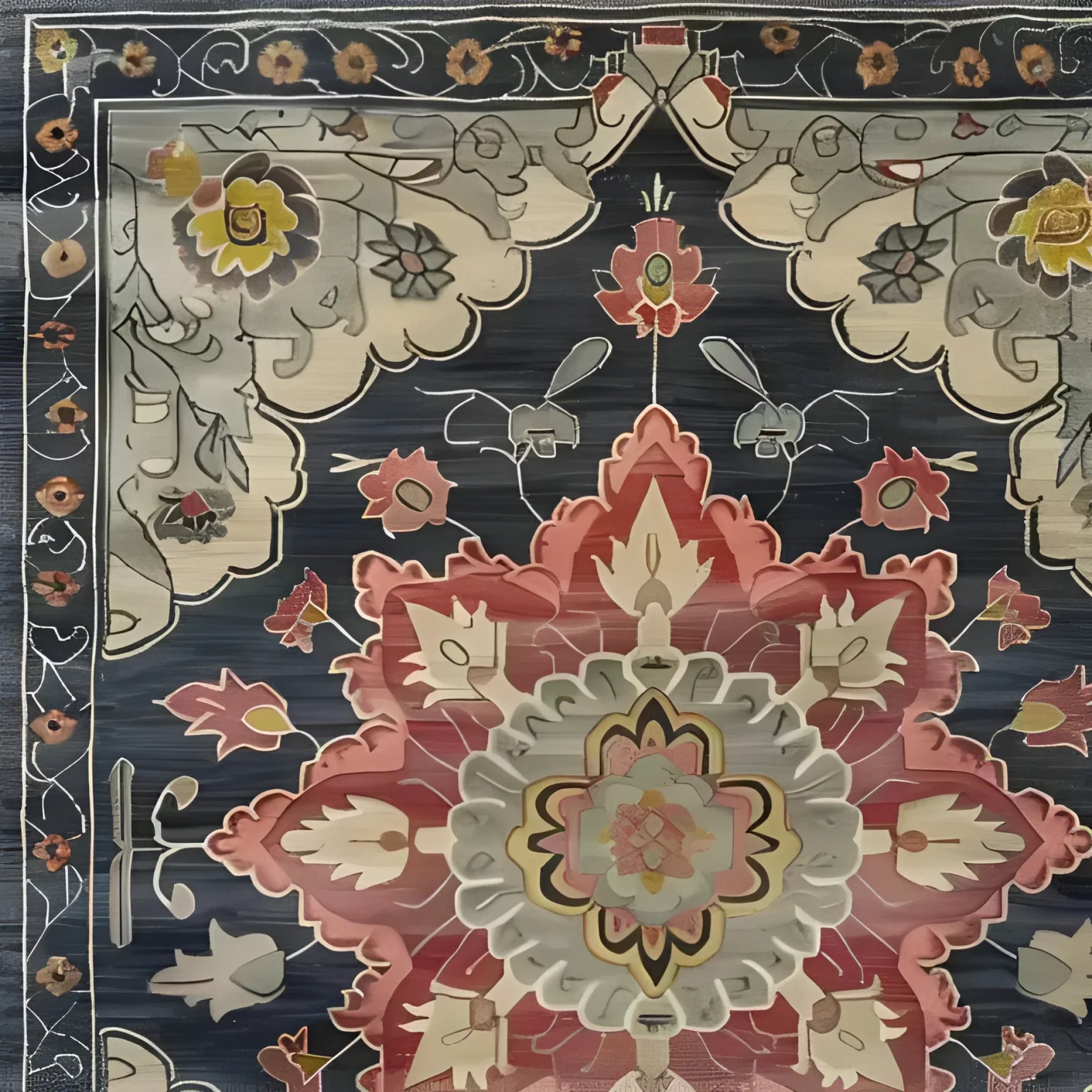 Elegant Dark Floral Harmony medium hand-knotted wool rug showcasing intricate Persian-inspired patterns in rich hues. Perfect for adding a touch of luxury to living rooms or bedrooms, this 8x10 area rug is a timeless choice for those seeking high-quality wool rugs to enhance their decor.