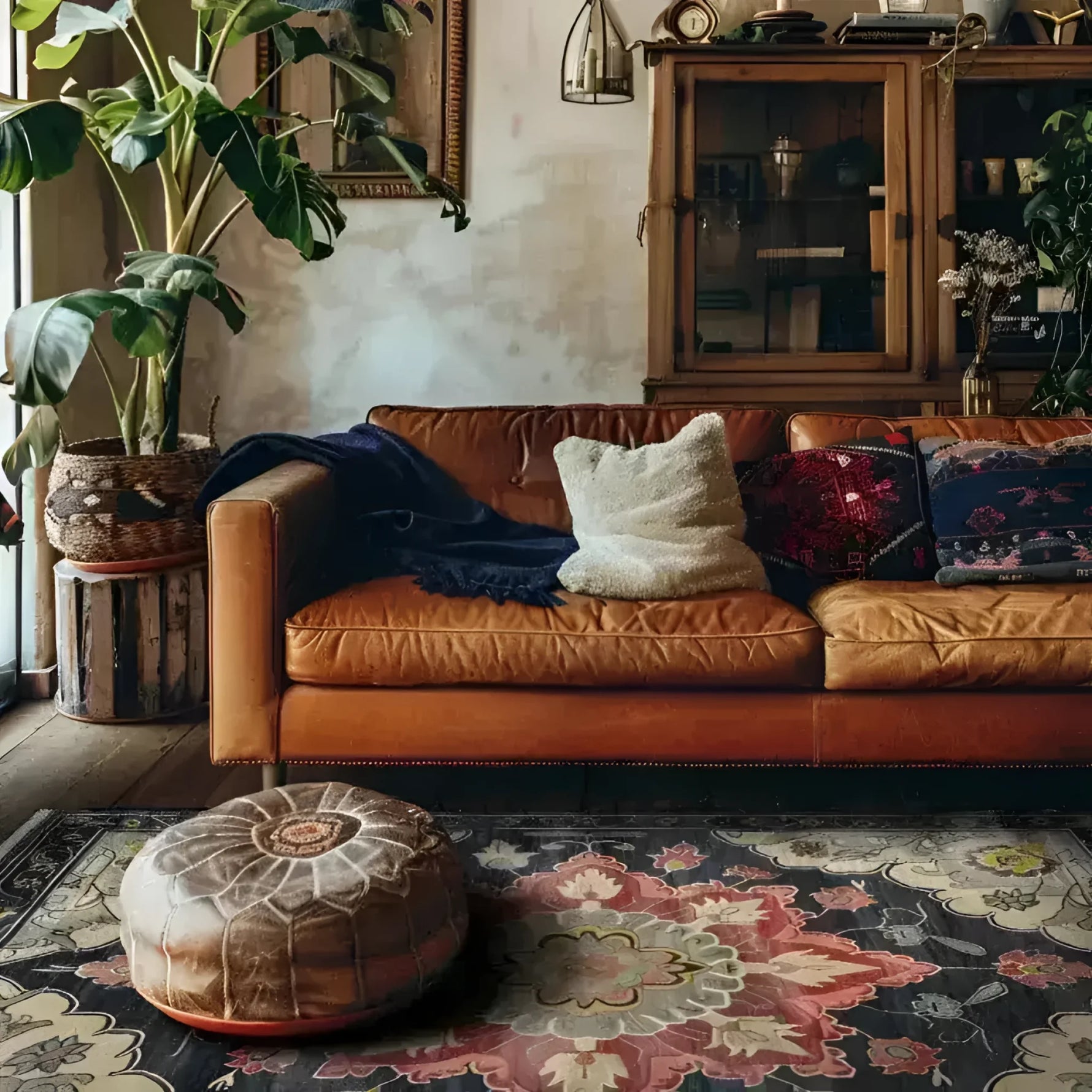 A cozy living room featuring a medium hand-knotted wool rug with dark floral patterns, perfect for 8x10 spaces. This area rug beautifully complements the warm tones of the leather sofa and adds a Persian touch to the living room decor. Ideal for both bedroom and living room settings, this wool rug enhances the elegance of area rugs for living room collections.