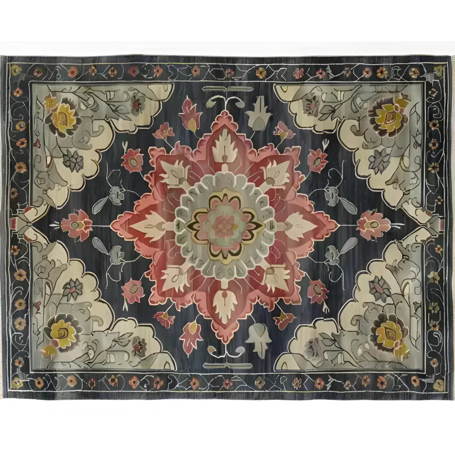 Elegant Dark Floral Harmony Medium Hand Knotted Wool Rug featuring intricate Persian designs, perfect for adding sophistication to any living room or bedroom. This 8x10 area rug showcases a rich mix of colors and detailed floral patterns, ideal for those seeking luxurious area rugs for the living room.