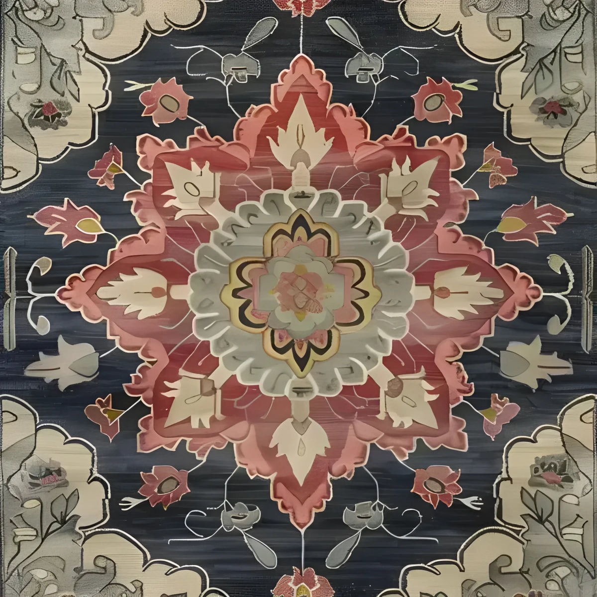 This is a detailed view of the Dark Floral Harmony Medium Hand Knotted Wool Rug, showcasing its intricate Persian-inspired design with vivid colors. Ideal for adding elegance to living rooms or bedrooms, this area rug measures 8x10, making it a perfect choice for those seeking quality wool rugs for their space.
