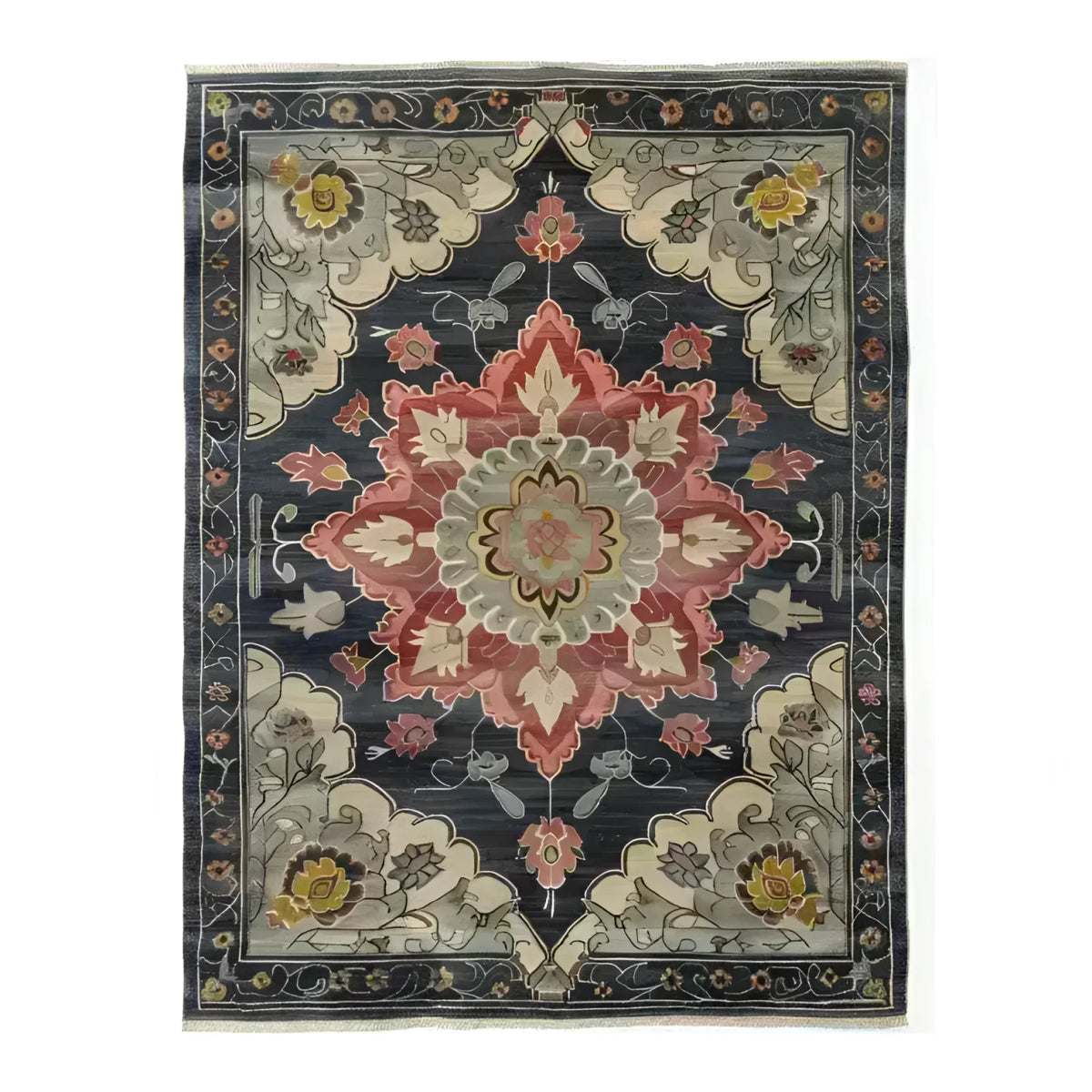 Top view of a Dark Floral Harmony Medium Hand Knotted Wool Area Rug, featuring an intricate design with vibrant floral patterns. Ideal for adding elegance to an office or living room, this Persian-style rug showcases a beautiful blend of colors, perfect for enhancing any living space.