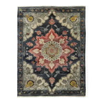 Top view of a Dark Floral Harmony Medium Hand Knotted Wool Area Rug, featuring an intricate design with vibrant floral patterns. Ideal for adding elegance to an office or living room, this Persian-style rug showcases a beautiful blend of colors, perfect for enhancing any living space.