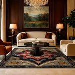 Elegant living room featuring a luxurious Dark Floral Harmony medium hand-knotted wool rug, perfect for an 8x10 area. The rug's intricate Persian-inspired design adds a touch of sophistication, complementing the plush seating and classic decor. Ideal for enhancing living room and bedroom spaces with its rich colors and timeless appeal.