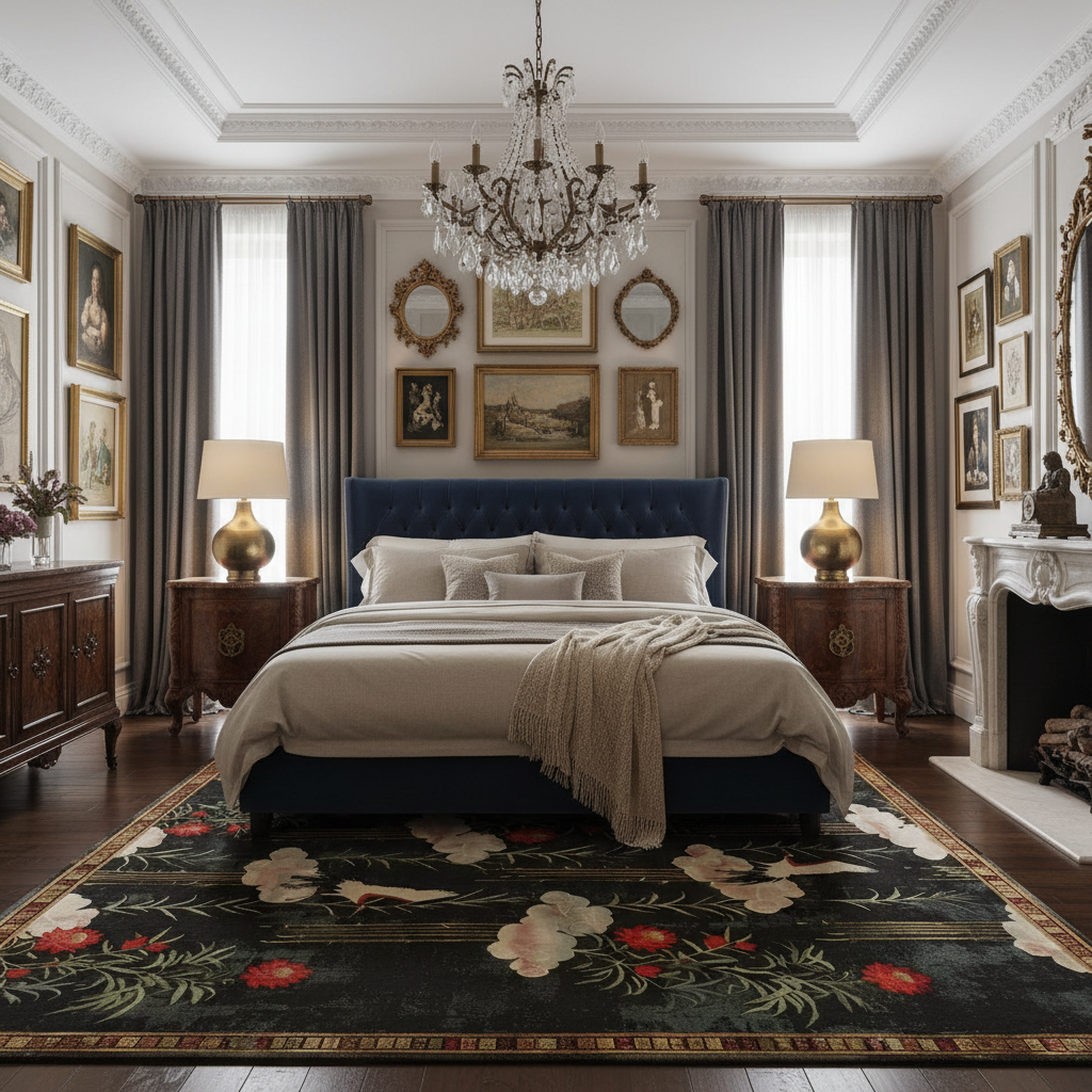 Dark floral rug with cream and crimson blooms beneath a navy bed in a classic bedroom