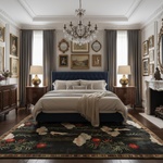 Dark floral rug with cream and crimson blooms beneath a navy bed in a classic bedroom