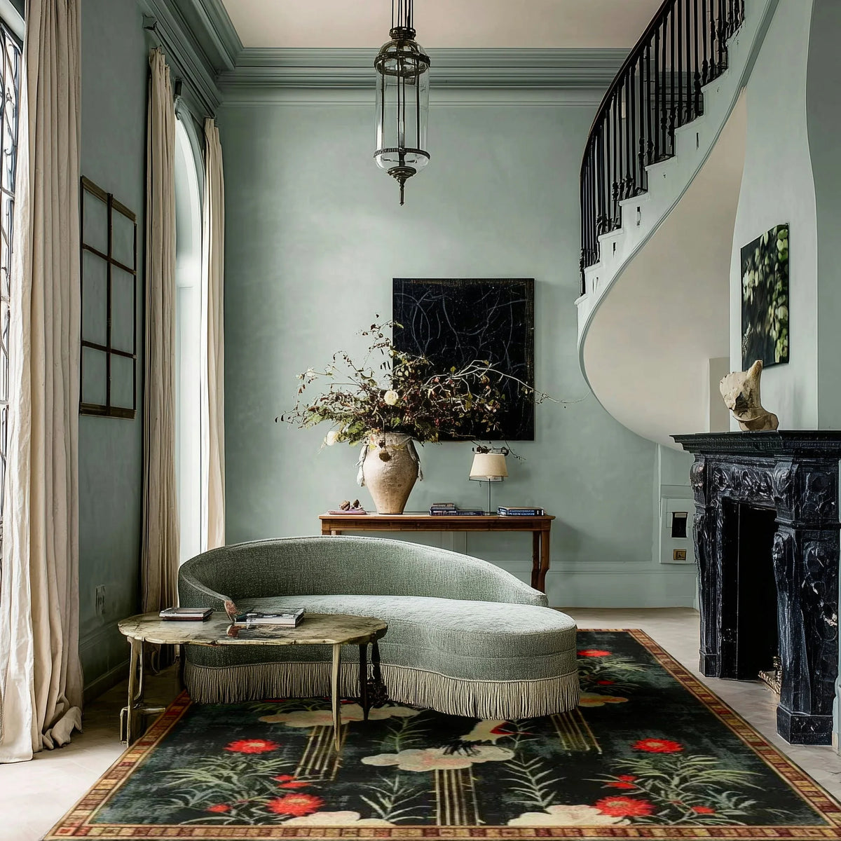 Dark floral rug with red poppies under a sage curved sofa in a tall stair hall