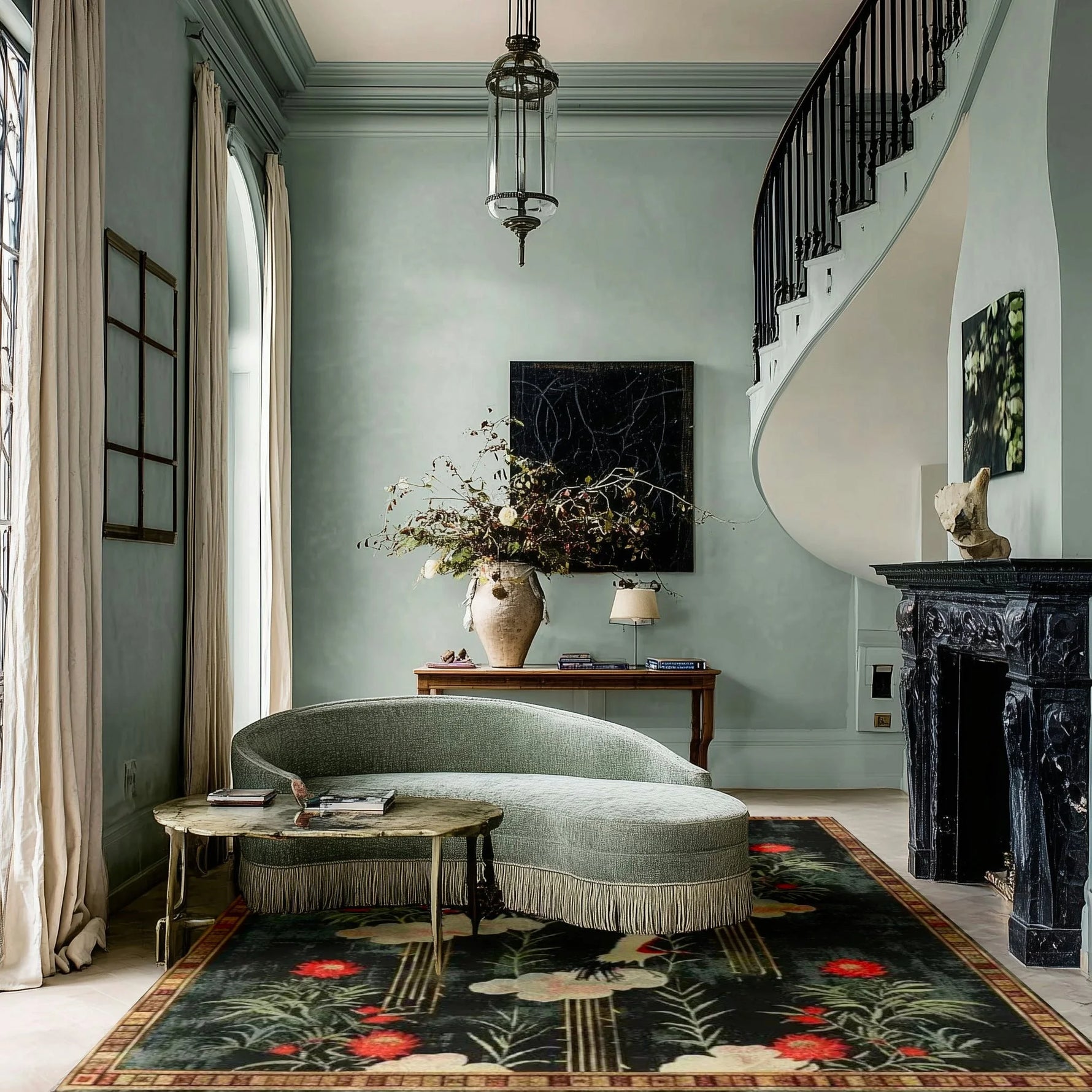 Dark floral rug with red poppies under a sage curved sofa in a tall stair hall