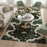 Dark green botanical rug in a bright living room with cream sofa and sage armchairs