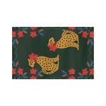 Dark green kitchen towel with two stylized golden leopards and a red floral border, elegant leopard design