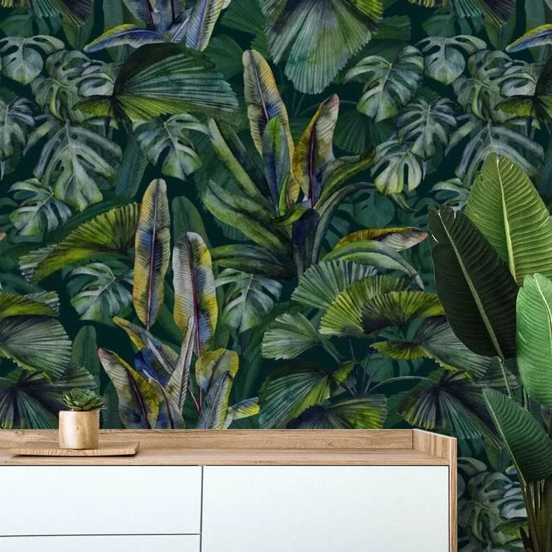 Dark Green Monstera and Tropical Banana Leaves Wallpaper